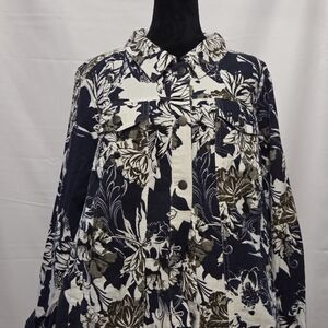 CJ Banks Black and White Floral Button-Up Top